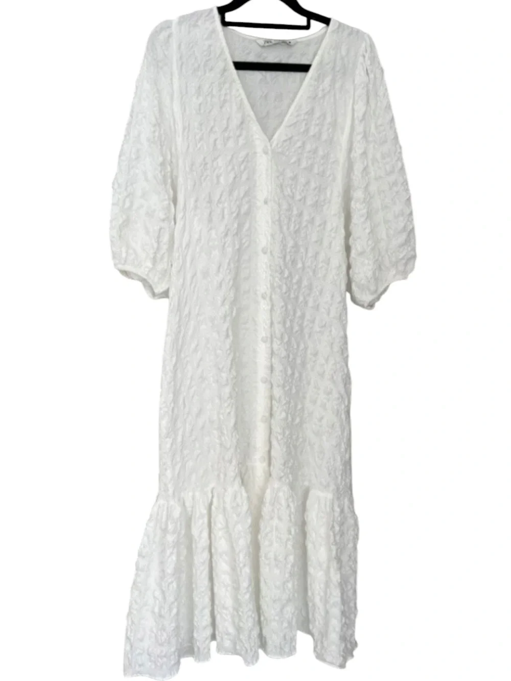 ZARA White Textured Balloon Puff Sleeve Button Down Midi Dress Large